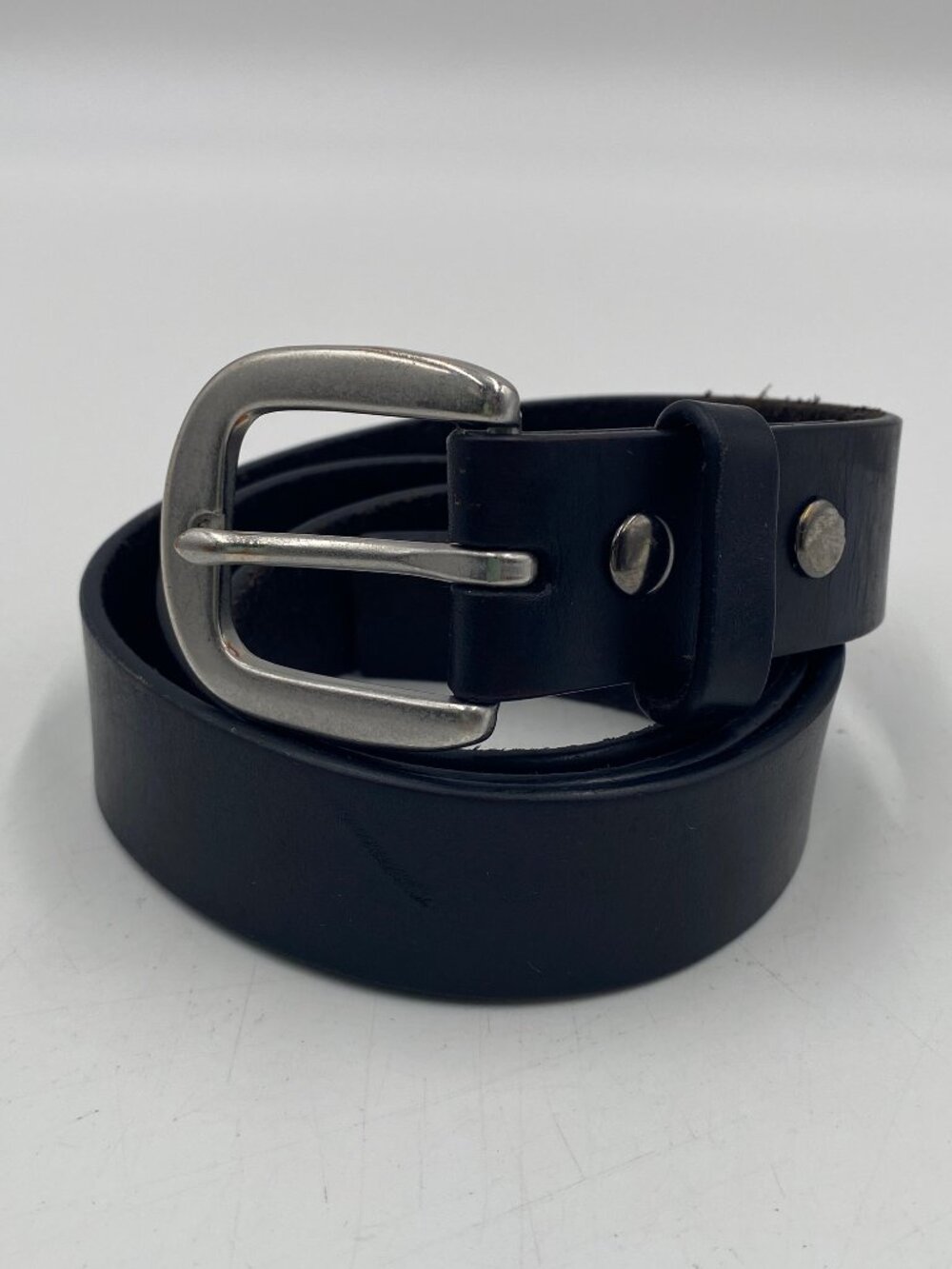 Lands' End Black Leather Dress Belt Mens Size 34/36 Silver Buckle 1 1/8" Wide